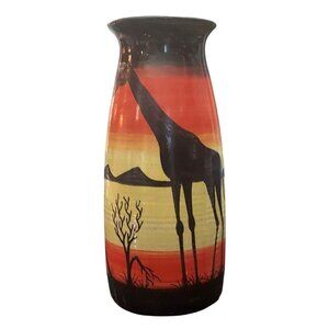 Hand Painted African Savannah Sunset Giraffe Vase Nkhotakuta Pottery Malawi